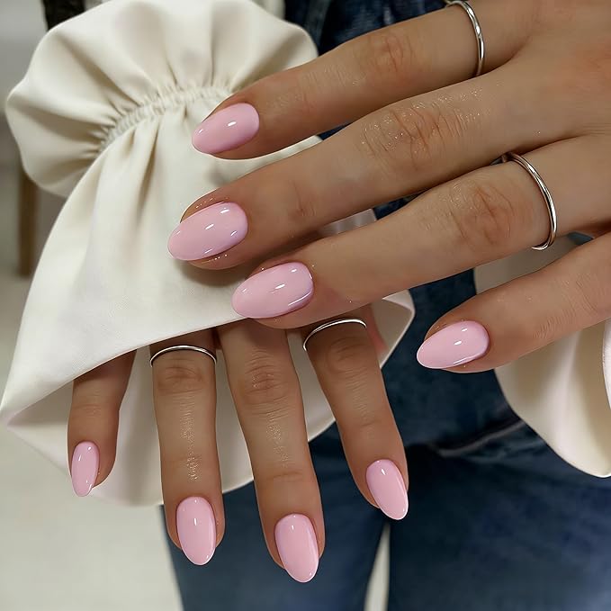 KQueenest Press On Nails Short - Light Baby Pink Press On Nails Oval, 32 Pcs 16 Sizes Natural Short Fake Nails Press ons Almond, Reusable Glossy Gel Glue on Nail with Glue for Everyday Office Wear