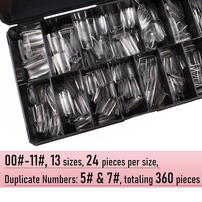 Square Nail Tips Medium Thicken Soft Gel Nails Pre-etched Clear Full Cover Press on Acrylic Fake Nail Extension for Manicure Salon Home DIY 360Pcs 15 Sizes Black Box Collection