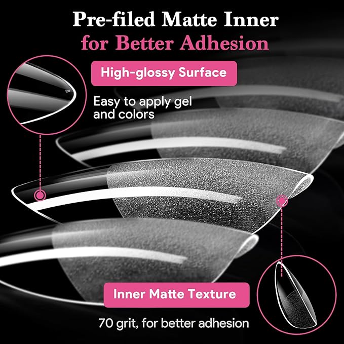 Medium Almond Fake Nail Tips, 15 Sizes 240 PCS Clear Half Matte Press On False Nail Tips Pre-shaped Full Cover Gel Nail Acrylic Soft Tips Extensions Thick Long Lasting for Home DIY Nail Salon