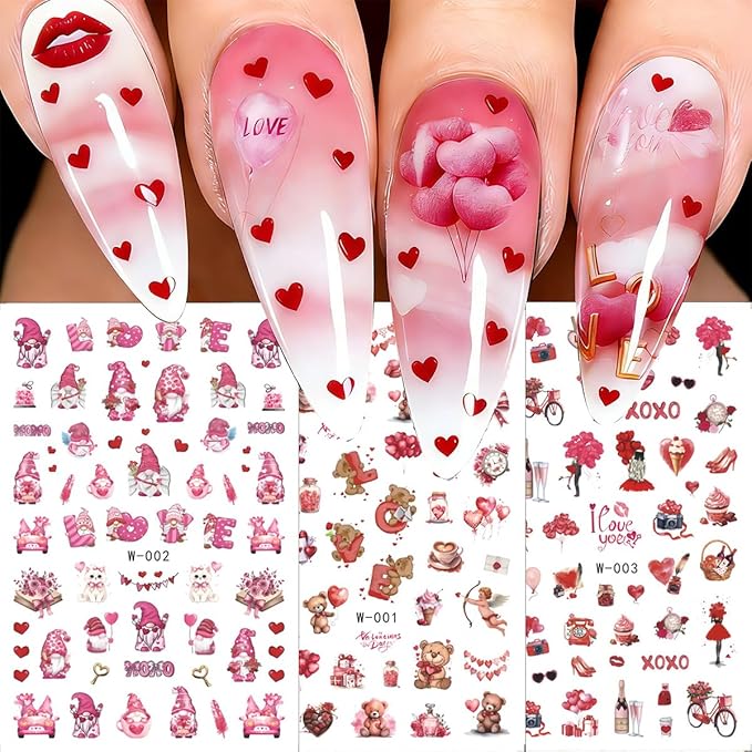 6 Sheets Valentines Day Nail Art Sticker 3D Self-Adhesive Pink Heart Nail Stickers Angel Bear Couple Bow Rose Romantic Design Cute Love Nail Decals Nail Art Supplies for Acrylic Manicure Decorations