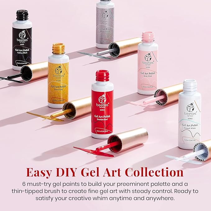 beetles Gel liner nail Polish 6 Pcs Black White Red Gold Silver Glitters Colors Paint Swirl Nail Art Polish Set