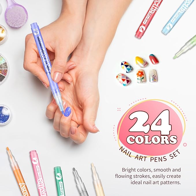 24 Colors Nail Art Pen Set,3D Acrylic Nails Art Markers Pens,Quick Dry Nail Doodle Pens for Home & Salon DIY Nail Art （1.0 mm Pen Nib）