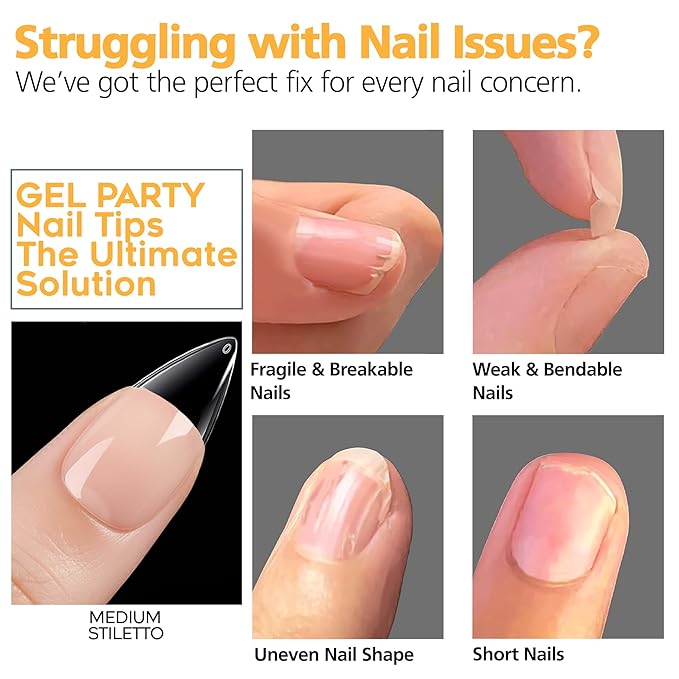 GELPARTY Soft Gel Nail Tips Medium Stiletto - 240 Pcs Pre-Buffed Matte Full Cover Tips - No Filing Needed, Soak Off Gel Extension System - Clear False Nails (12 Sizes)