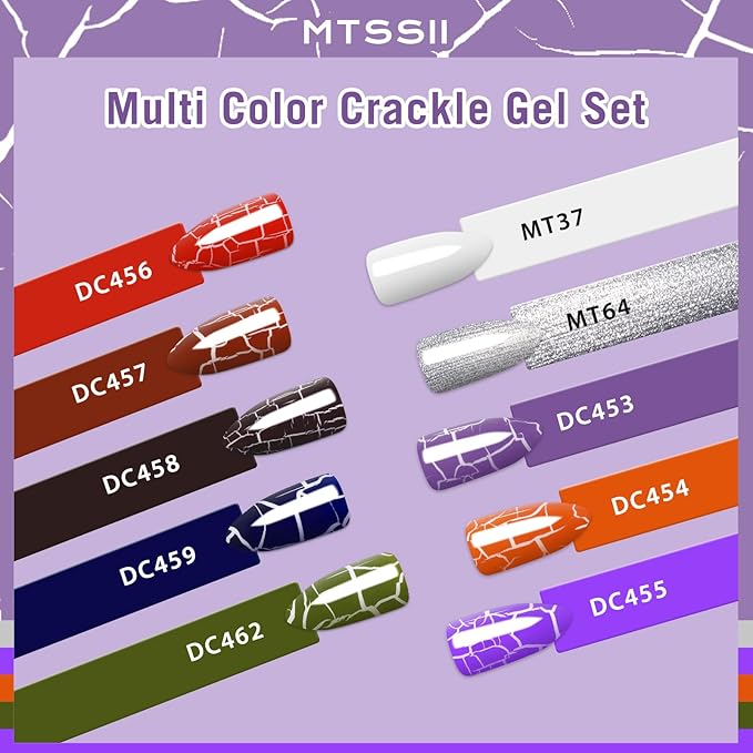 MTSSII Crackle Gel Nail Polish Set, 12pcs, 8 Colors + White Silver, Base Top Gel, Air Dry UV Lamp Needed