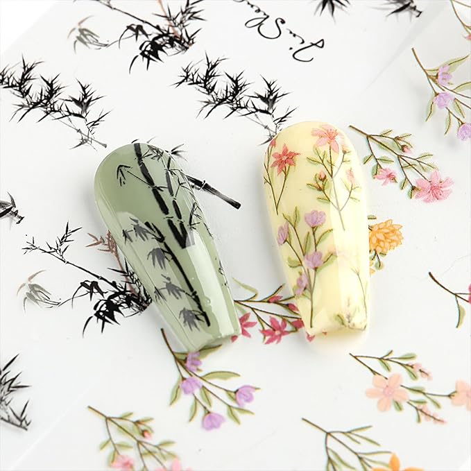 JERCLITY 10 Rolls Flower Nail Foil Transfer Sticker Kit Bamboo Ink Painting Pattern Nail Foil Sheets Foil Nail Art Decals Spring Nail Foil Transfer Stickers Foil Nail Wraps for Foil Nail Art