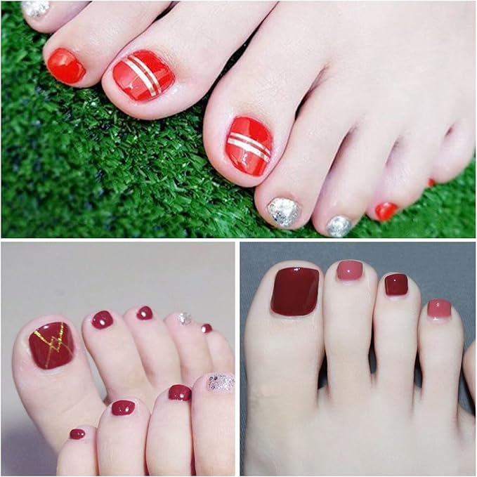JERCLITY 440 Pieces 20 Sheets Red Solid Color Toenail Full Wraps Toe Nail Polish Strips Self-Adhesive Full Nail Stickers Red Nail Art Decals Strips with Nail File for Women Girls Kids Nail Art