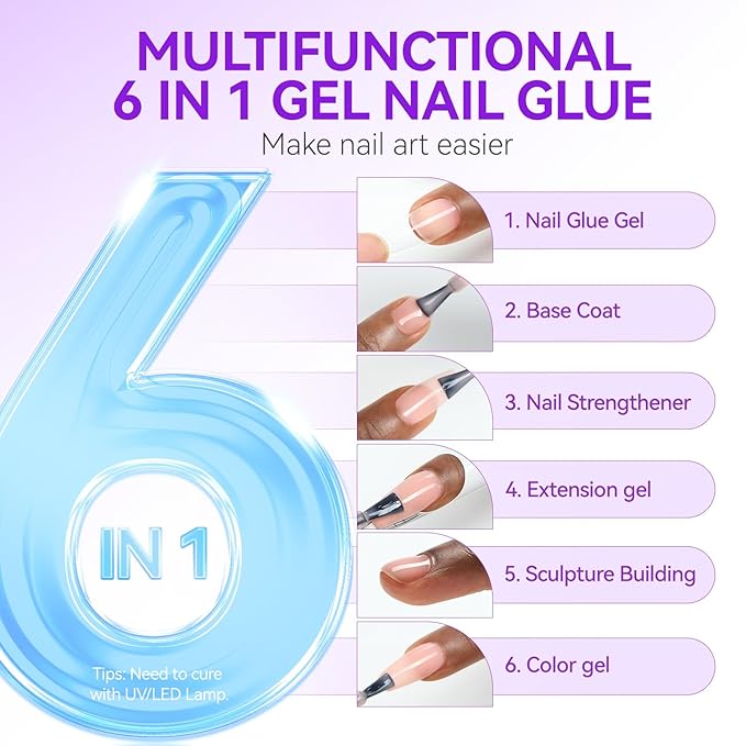 Gelike EC Gel Nail Glue UV Light: Nude 6 in 1 Adhesive Gel Nail Polish, Strong Nail Glue for Press On Nails Nails Acrylic Tips, Long Last - Nail Art Gift for Home Salon Beginner DIY