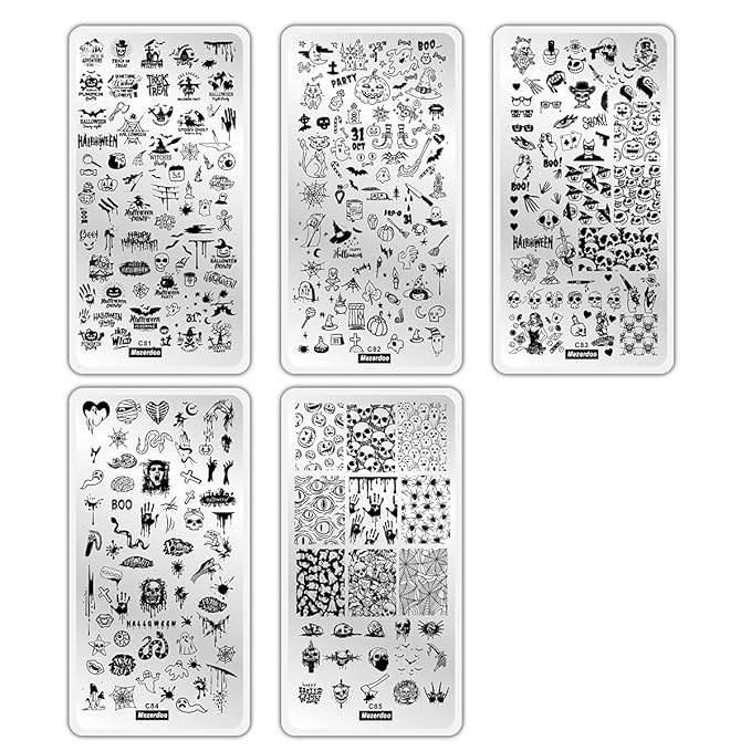 5 Pcs Nail Stamping Plate Halloween Theme Stamp Plates Skull Ghost Witch Pumpkin Image Nail Stamper Plate Art Design Stamp Kit Snake Spider Bat Print Manicure Template Set Festival Stencil Tools