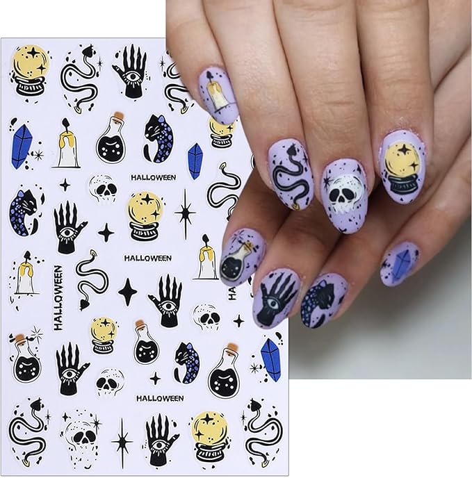 Halloween Skeleton Cat Nail Stickers, Black Cat Self-Adhesive 3D Nail Art Decals for DIY Magic Ball Manicure (5 Sheets)