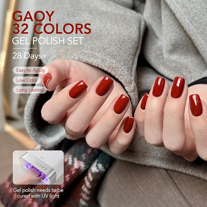 GAOY 36 Pcs Gel Nail Polish Set, 32 Colors All Season Gel Polish Kit Red Black White Nude Brown Glitter with 4 Pcs Soak off Base Glossy Matte Top Coat & Builder for Nail Art DIY Manicure at Home