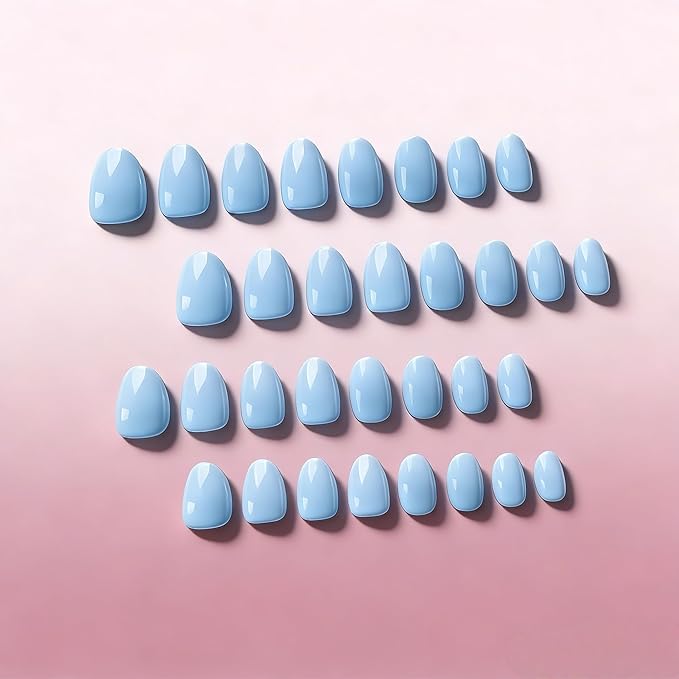 KQueenest Press On Nails Short - Pastel Soft Blue Press On Nails Oval, 32 Pcs 16 Sizes Natural Short Fake Nails Press ons Almond, Reusable Glossy Gel Glue on Nail with Glue for Everyday Office Wear