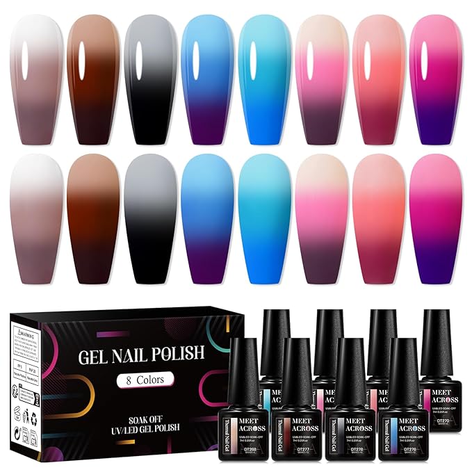 MEET ACROSS 8Pcs Color Changing Gel Nail Polish Set Fall Winter Nude Brown Grey Temperature Mood Changed Gel Polish Blue Pink Nail Art Design Gifts for Women Girls