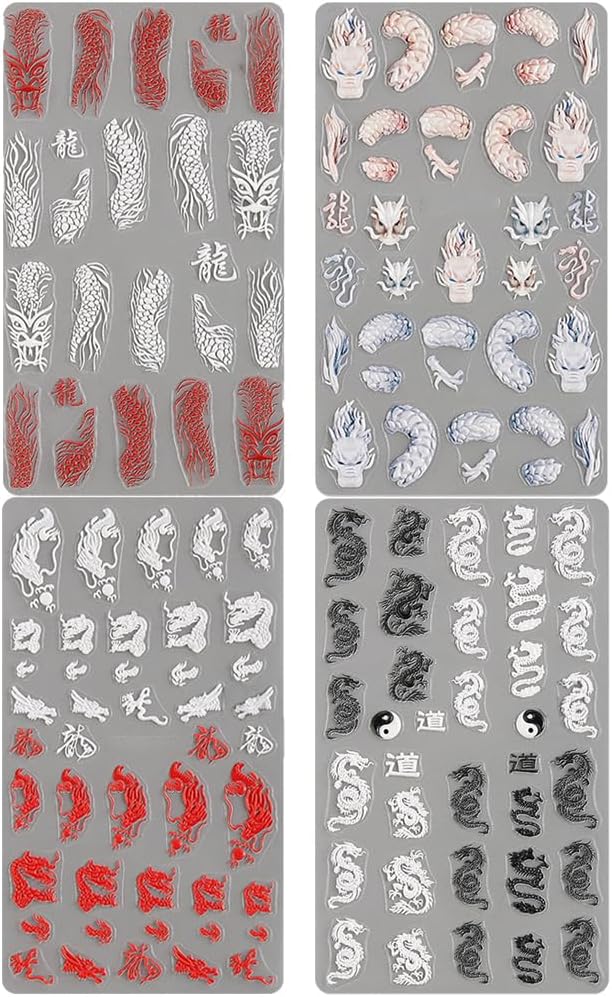 5D Embossed Dragon Nail Art Stickers for Designs - Black White Chinese Dragons Decals for Women - Manicure Supplies for Nails Decor