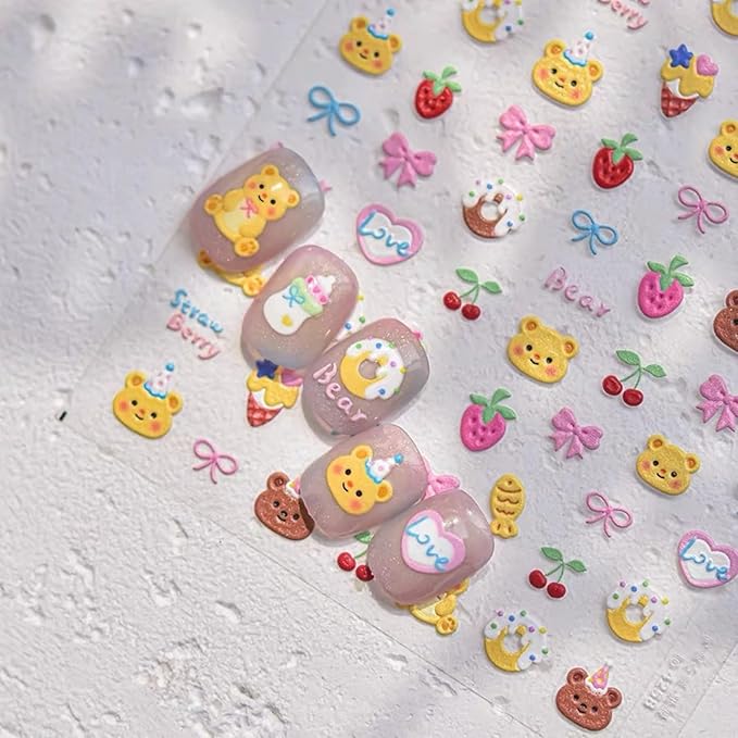 Dedyel Cute Nail Stickers 5D Embossed Cartoon Bear Kawaii Animal Self-Adhesive Nail Decals for Women Girls Kids Nail Art Decoration