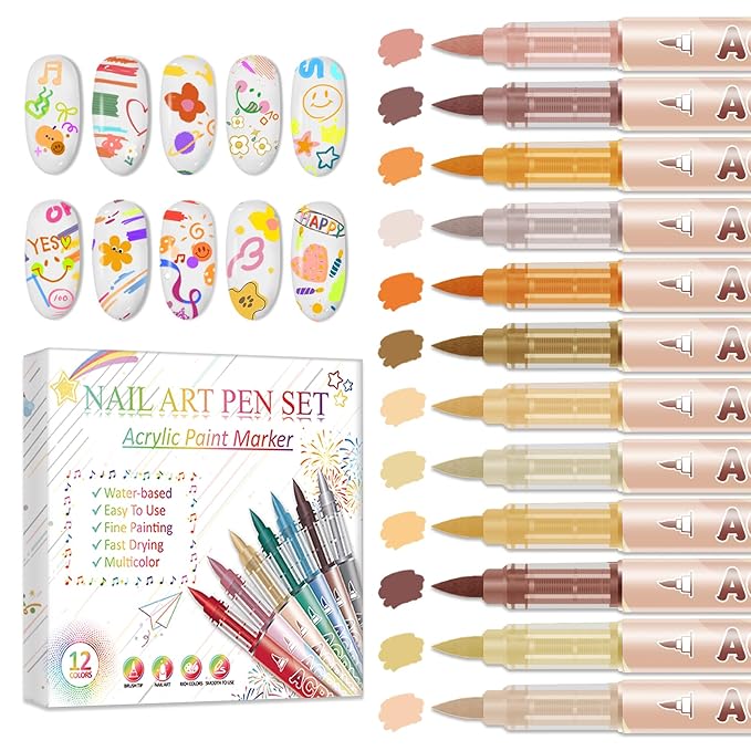 12 Colors Nail Art Pens Set, Nail Art Markers Polish Pens for Painting Nails, Acrylic Paint Drawing Painting Dotting Markers Pen Quick Drying Nail Art Design Manicure Tools 05 Yellow