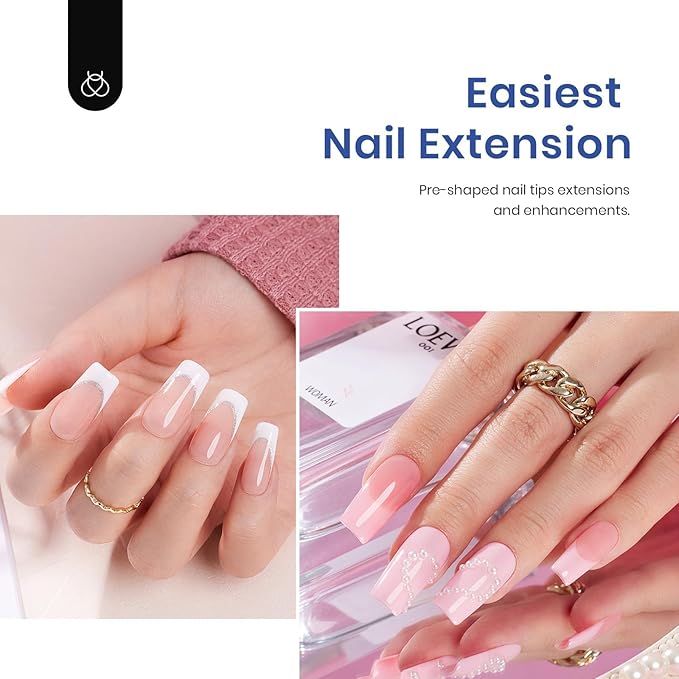 Beetles Gel Nail Kit Medium Square: Easy Nail Extension Set 5 In 1 Glue Gel Base Coat with Pre shaped Medium Square Tips and Uv Lamp Acrylic Nail Kit for Women Beauty Gift Set