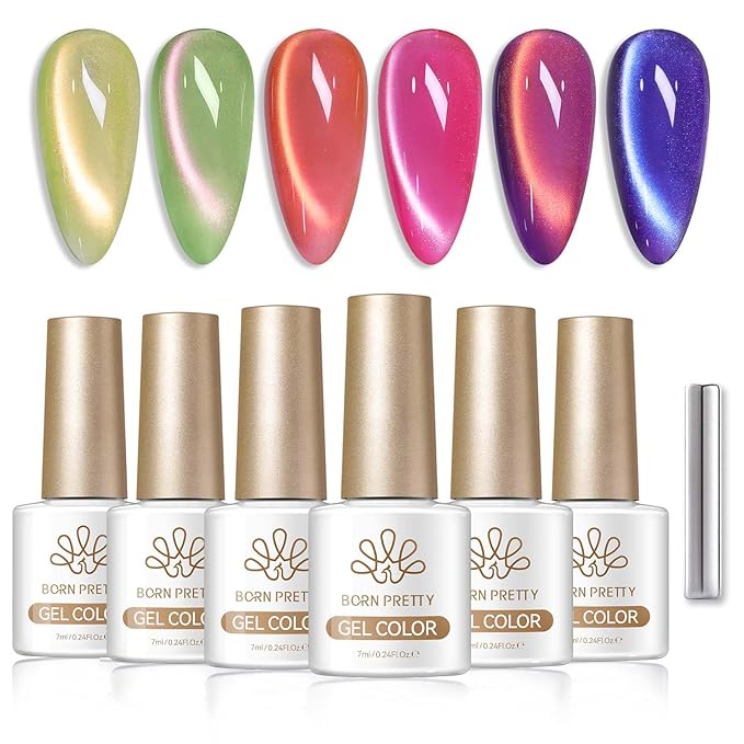 Born Pretty Spring Summer Fruit Cat Magnetic Eye Gel Nail Polish Fruit Peach Pink Blueberry Grape Purple Crystal Glass Magnetic Shimmer Glitter Gel Polish Nail Polish Salon DIY 6Pcs 7ML
