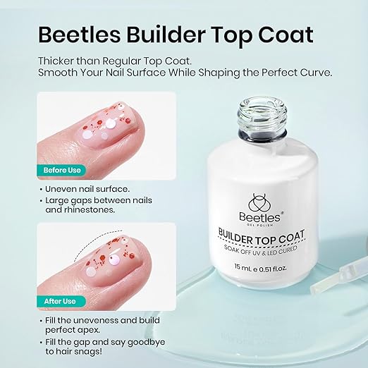 Beetles Rubber Base Gel and Builder Top Coat Gel Nail Polish Set, 2Pcs 15ML Nude Nail Polish Pink Neutral Color Base No Wipe Builder Top Coat, Thick Flexible Base for Nails Strengthening