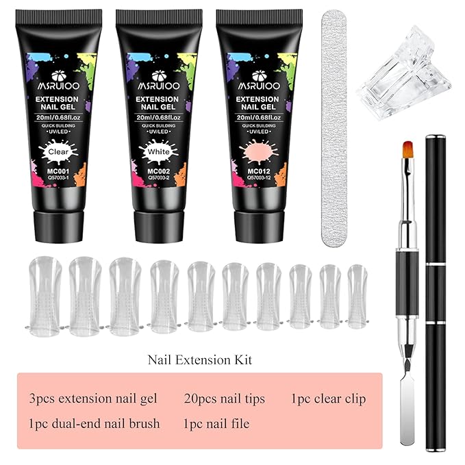 Poly Nail Gel Kit, 7PCS Clear White Pink Builder Nail Starter Kit De Polygel Para Uñas Completo with Dual Nail forms, Nail Clips for Polygel