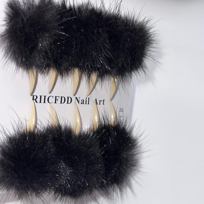 10 Pcs Luxury Press on Nails Medium Curved Stiletto Handmade Cat Claw Reusable Fake Nails Unique Cat Claw False Nails with Black Furry Fur Designs Glossy Glue on Nail Thick Acrylic Nail (S)