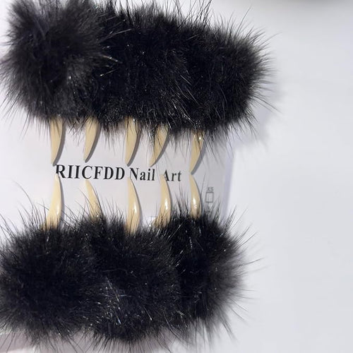 10 Pcs Luxury Press on Nails Medium Curved Stiletto Handmade Cat Claw Reusable Fake Nails Unique Cat Claw False Nails with Black Furry Fur Designs Glossy Glue on Nail Thick Acrylic Nail (S)