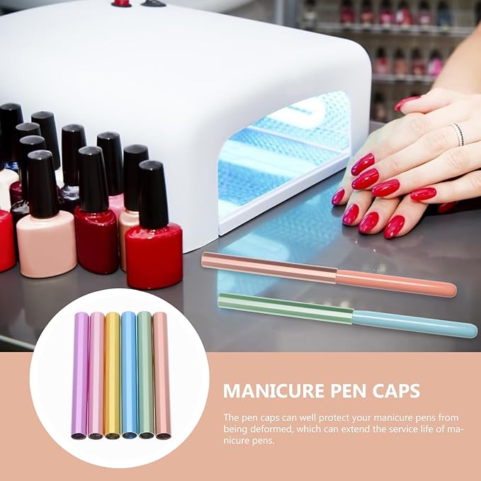 HEALLILY Manicure Pen Caps - 6 Pcs Zinc Alloy Nail Art Pen Covers Durable Nail Brush Protectors for Salon & Home Use