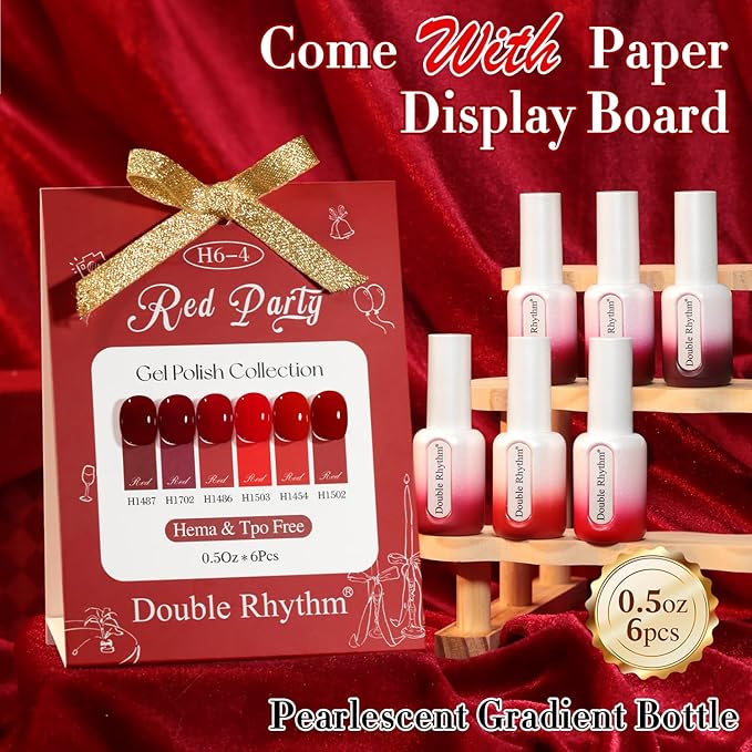 Double Rhythm 6 Pcs Hema Free Gel Polish Set 0.50 OZ Same Color Same Bottle Soak Off Neutral Natural Milky Gel Polish Kit Nail Art Manicure Salon (Shimmer Cherry Red Burgundy-H6-4)