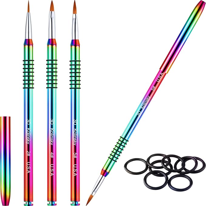 Patelai 3 Pcs Kolinsky 3D Nail Art Brush Set for Acrylic Powder Sculpture Nail Art Brush Size 2/4/5 with Rainbow Metal Nonslip Grip Handle for Acrylic Powder Application