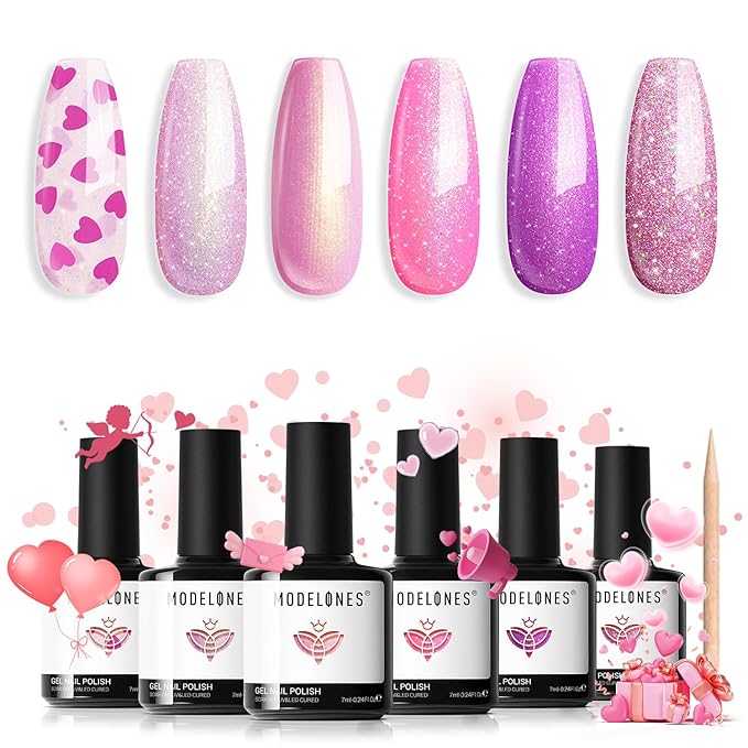 modelones Gel Nail Polish Set, 6 Colors Valentine's Day Pink Gel Polish Glitter Hot Pink Purple Shades Mermaid Love-heart Glitter Gel Polish Shimmer Galaxy Soak Off Nail Art DIY Gift For Women Girl