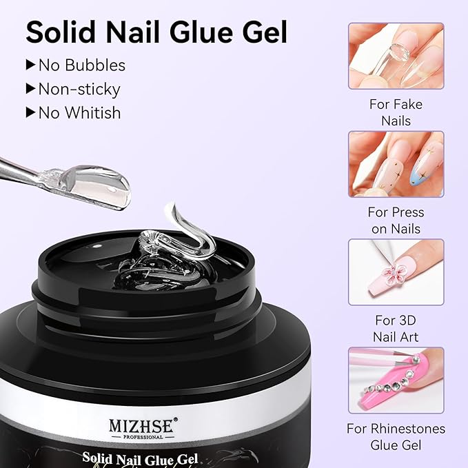 MIZHSE Solid Nail Glue Gel and Glue Remover, Strong Adhesion 18g Solid Gel Glue Kit for Acrylic Fake Nails and Nail Tips 10mL Press on Nails Remover Easy Removal