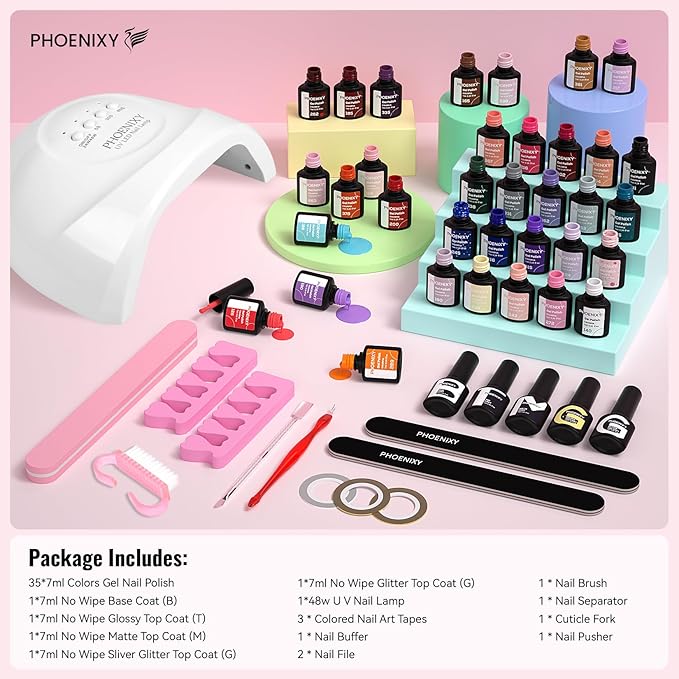 PHOENIXY 51 Pcs Gel Nail Polish Kit with U V Light, 40 Pcs Gel Polish with 5 Pcs Base Top Coat Manicure Starter Nail Polish Set Gifts for Women ST9016