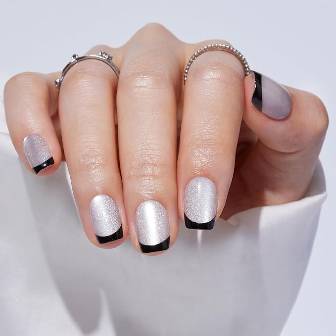 French Tip Press On Nails - Short Square Cat Eye Fake Nails with Nail Glue, Natural Fit Silver Stick On Nails in 16 Sizes - 32 Soft Gel Glue On Nails Kit, Silver