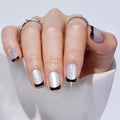 French Tip Press On Nails - Short Square Cat Eye Fake Nails with Nail Glue, Natural Fit Silver Stick On Nails in 16 Sizes - 32 Soft Gel Glue On Nails Kit, Silver