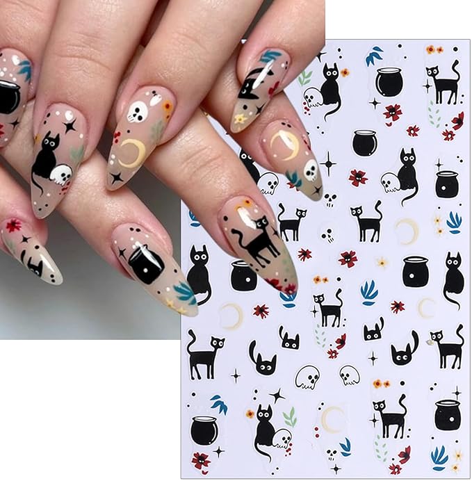 Halloween Skeleton Cat Nail Stickers, Black Cat Self-Adhesive 3D Nail Art Decals for DIY Magic Ball Manicure (5 Sheets)