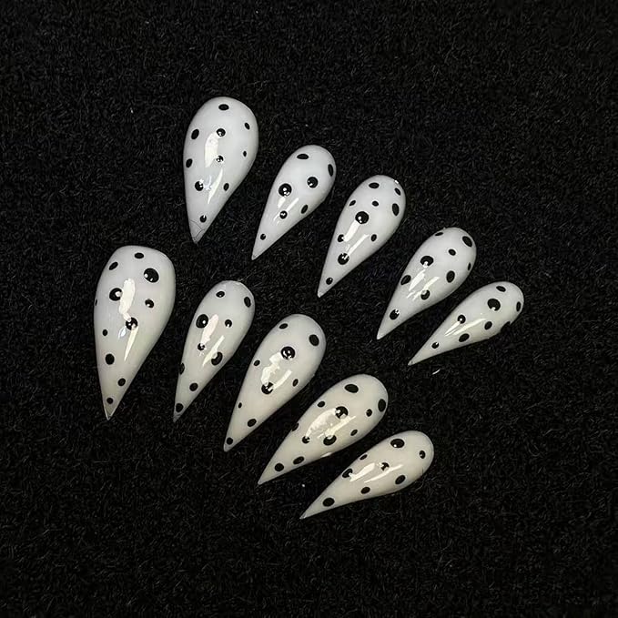 Handmade Long Curved Press on Nails Luxury Black Polka Dot Fake Nail with Designs Eagle Claw Extra Curved Press on Nails Full Cover Artificial Acrylic Nail Stick on Nails for Women (Size S)