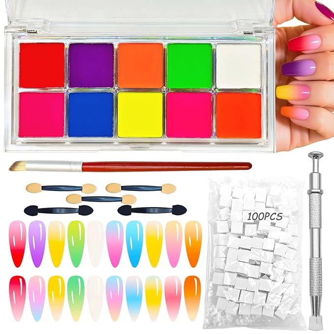 Nail Pigment Powder Set - 10 Colors Nail Ombre Powder for Nail Art, with 100pcs Nail Sponges with Grabbing Pen, Ombre Nail Brush, 5 Sponge Sticks, DIY Manicure Tools