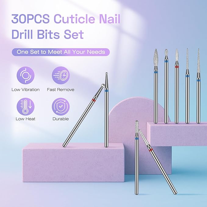 30PCS Cuticle Nail Drill Bits Set with Holder Case, Professional 3/32 Inch Diamond Nail Bits Kit for Nail Drill Machine, Manicure Pedicure Remover Tools Efile Tip for Acrylic Gel Nails, Salon Home