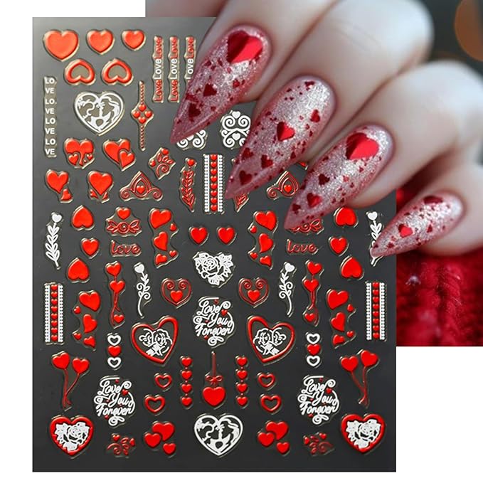 Valentine's Day Nail Art Stickers - Laser Red White Heart Nail Decals, Self-Adhesive Sexy Kiss Heart for DIY 3D Nail Supplies Decoration (6 Sheets)
