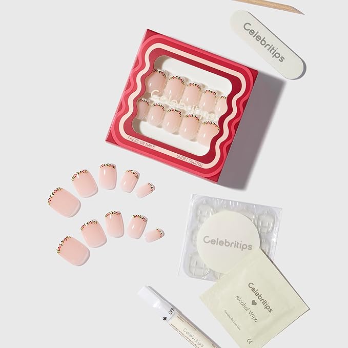 Nail Art Press-Ons | Small Delite, Short Squoval Nails, Reusable | 16 sizes - 32 Nails Kit with Super-hold Nail Glue and Sticky Tabs
