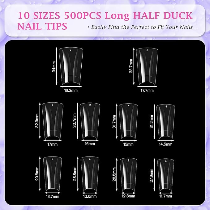 outopen 500pcs Long Duck Nail Tips L Feet Clear Flare Nail Tips for French False Nail Extension Y2K Vibe Half Cover Duck Tips for Polygel Acrylic Extension Beginners DIY Manicure, 10 Sizes