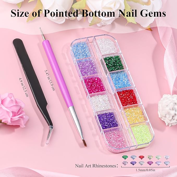 12000Pcs Nail Art Rhinestones Colorful Rhinestones Kit, 1.5mm Pointed Bottom Rhinestones Crystals Stones Diamonds Gems Bedazzler with Pickup Tools for Nails Face Eyes Makeup Crafts (24-K1-1.5mm)
