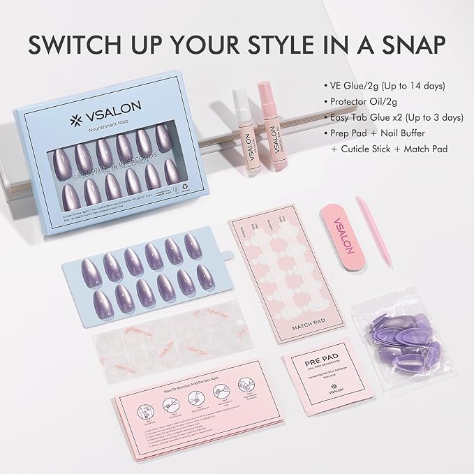 VSALON Press on Nails Medium Almond, Purple Holographic Cat Eye Glossy Jelly Chrome Fake Nails, Reusable False Nails with Nail Glue, Protector Cuticle Oil, Tabs & Nail File-32 PCS in 16 Sizes