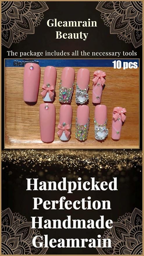 Handmade Press on Nails Long Square Shape M Size/Gleamrain Luxury Hand Made Cute Acrylic Glue on Nails With Rhinestones and Bow Design Long Nail for Women and Girls 10 Pcs