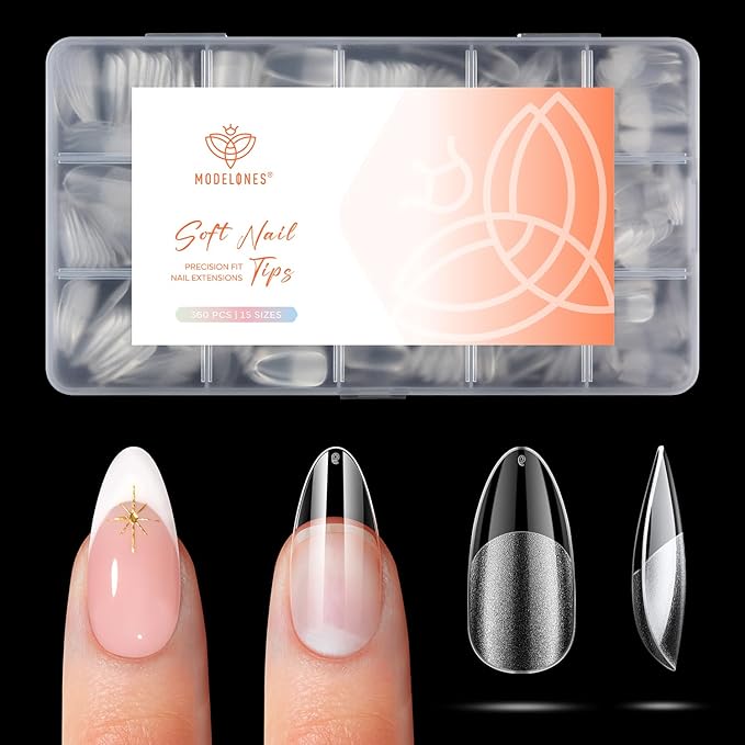 modelones Medium Almond Gel Nail Tips, 360pcs Pre-etched Clear Fake Nails Press On Full Cover Half Matte 15 Sizes Acrylic Gel Tips for Extension Salon