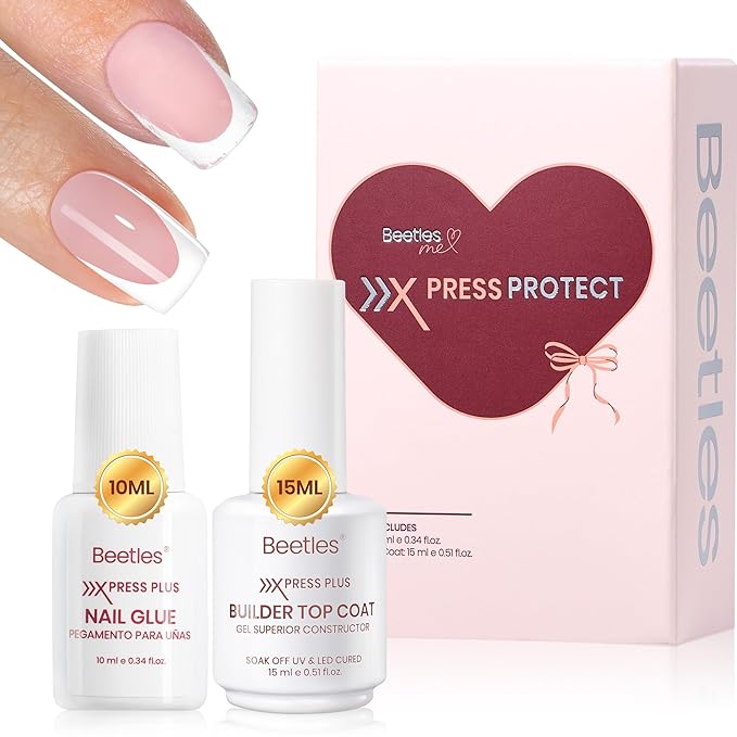 Beetles Fast Dry Nail Glue & Builder Top Coat Set, Strong Hold Nail Glue for Press-On Nails, High Shine Builder Top Coat for French Tips