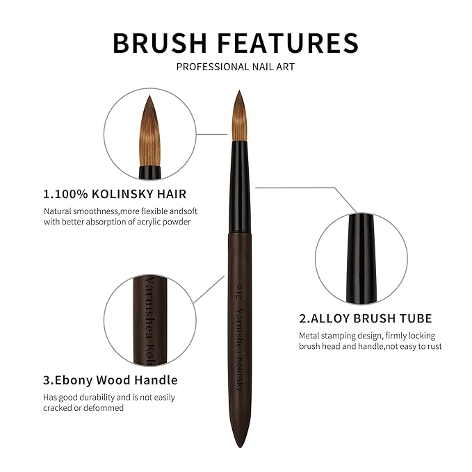 100% Pure Kolinsky Hair Acrylic Nail Brush Ebony Wood Handle Professional Manicure Brushes for Powder Nail Acrylic Application - Salon & DIY Nail Art Essentials - Size 10, 1.0 Count