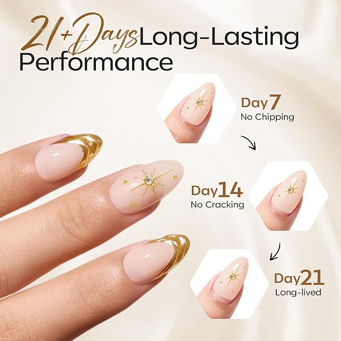 Modelones French Tip Press on Nails Almond, Short Almond Fake Nails, Semi-Transparent Soft Nail Kit with Nail Glue Adhesive Tabs Nail File, Spring Nails Press Ons 30Pcs 15 Sizes, Starlight