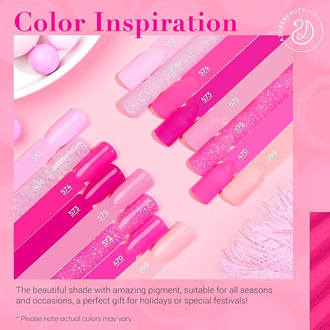 AZUREBEAUTY Dip Powder Nail Starter Kit with Matte Coat, 8 Hot Pink Glitter Neon Summer Color, Dipping Powder Liquid Set with Base/Top Coat/ Activator/10 Nail Sticks Salon at Home Valentine's Day Gift