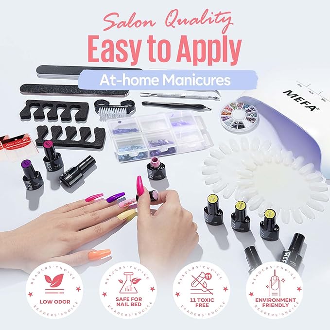 MEFA 60 Pcs Gel Nail Polish Kit with U V Light, 32 Colors Popular Soak Off Nude Pink Red Gel Polish Nail Set with Matte/Glossy Gel Top Base Coat Manicure Tools Nail Art Decorations DIY Salon