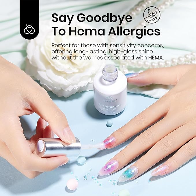 Beetles 15ml Hema Free Glitter Top Coat Gel Polish, Shimmer-Like Gel Nail Polish No Wipe Top Coat Sparkly Long Lasting, Soak Off U V LED Pearl Finish Nail Art Manicure Gifts for Women